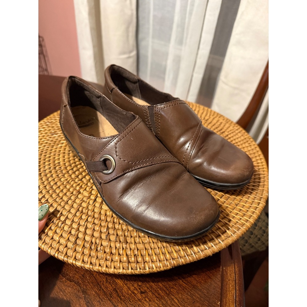 Clarks Collection Brown Leather Slip On Wedge Loafers Shoes Women 8.5